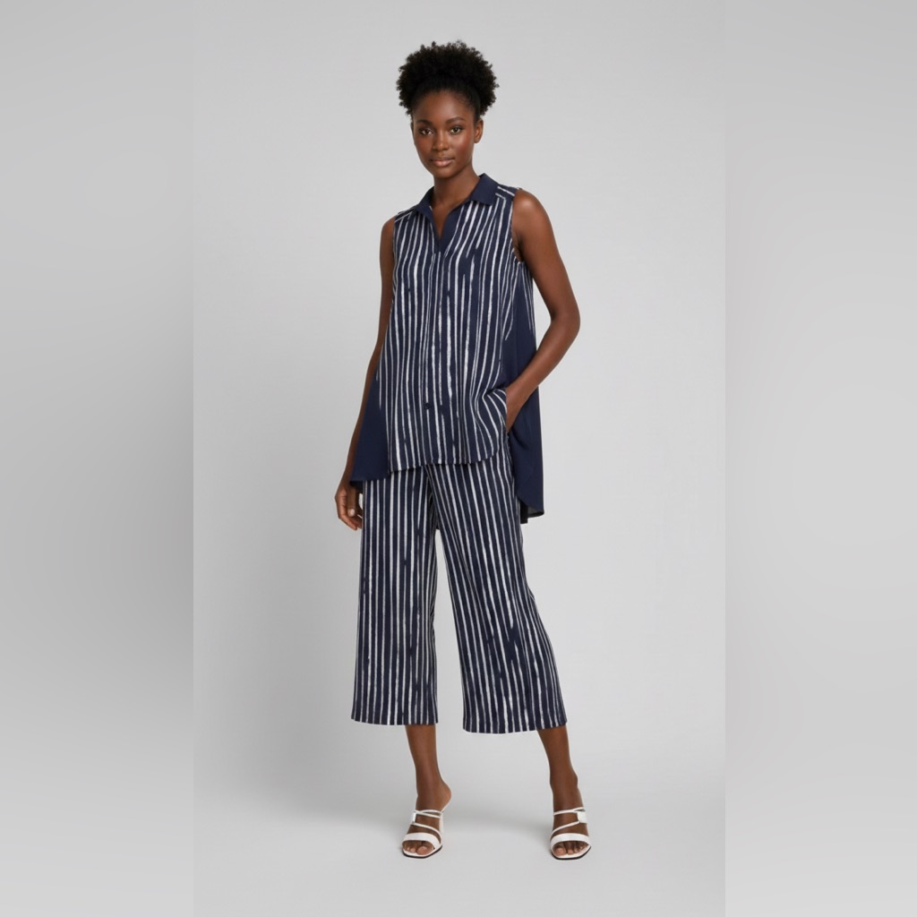 Joseph Ribkoff 3pc Set Navy/White Striped Tunic W Wide Leg Crop & Belt Size 12